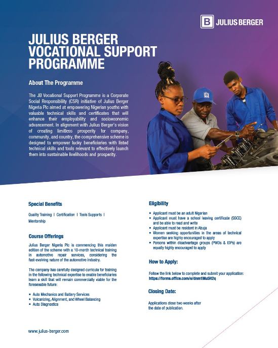 How to apply Julius Berger Vocational Support Programme 2024 Nigerian Adult